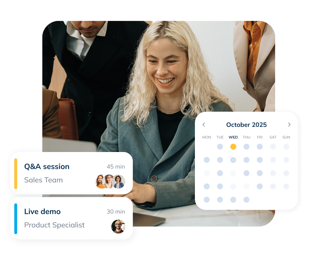 Branded sales booking page with next available times and book now button